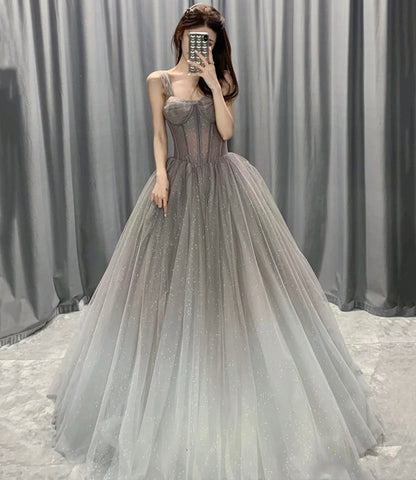 Langes Ballkleid aus grauem Tüll mit Pailletten A-Linie Abendkleid 10564
