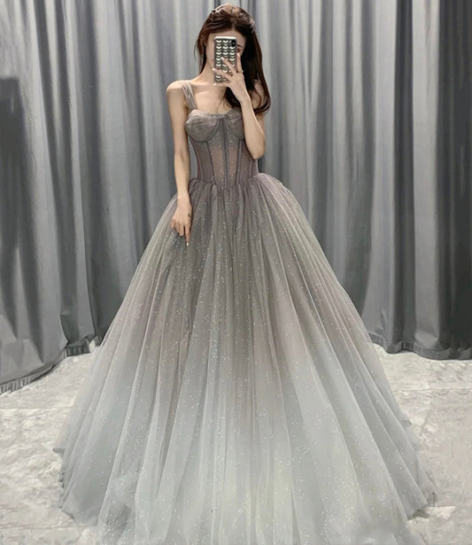 Langes Ballkleid aus grauem Tüll mit Pailletten A-Linie Abendkleid 10564