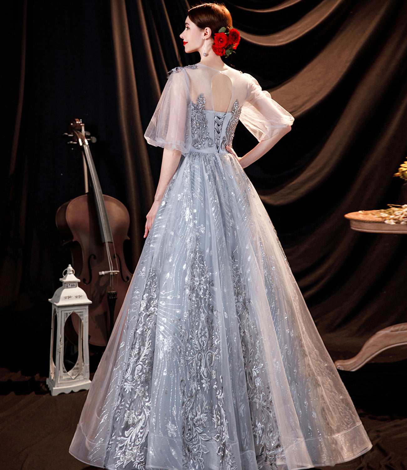 Langes Ballkleid aus grauer Tüllspitze A-Linie Abendkleid 10508
