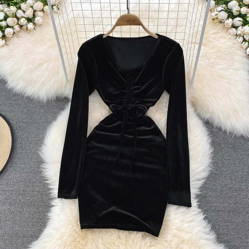 Sexy Langarm-Kleid aus Samt mit V-Ausschnitt Modekleid 10864 