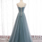 Blue tulle beads long prom dress A line evening dress  10501