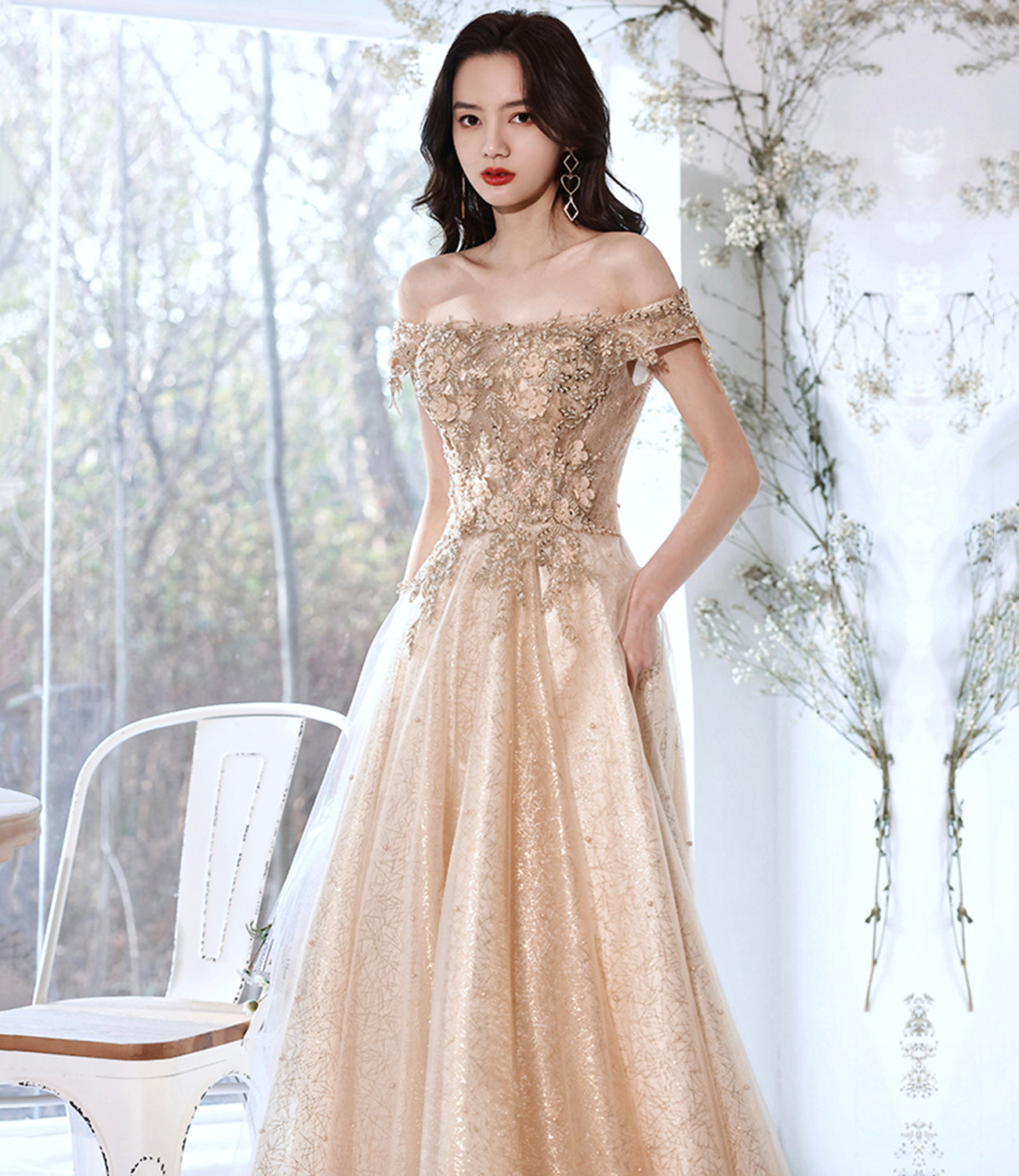 Robe de soirée longue en tulle et dentelle champagne Robe de soirée trapèze 10381