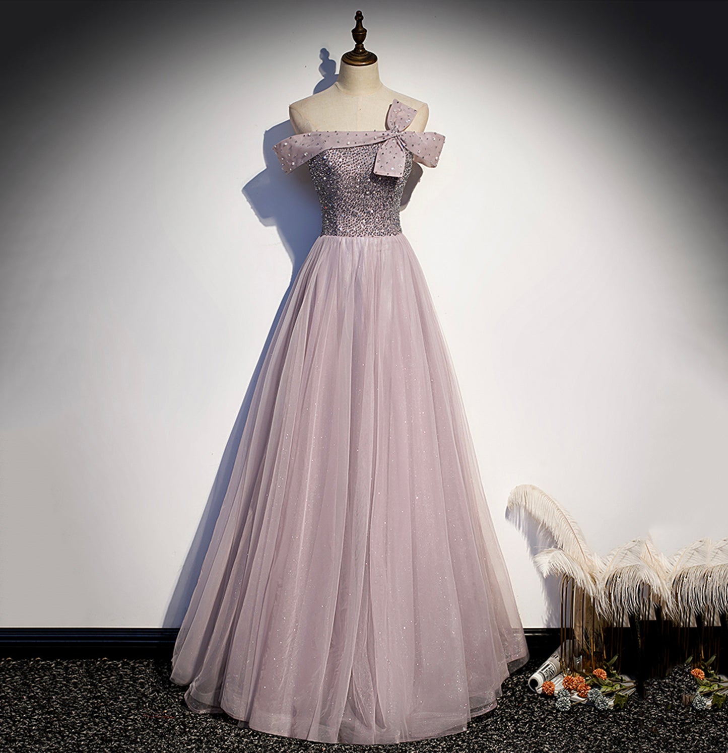 Cute tulle beads long A line prom dress evening gown  10038