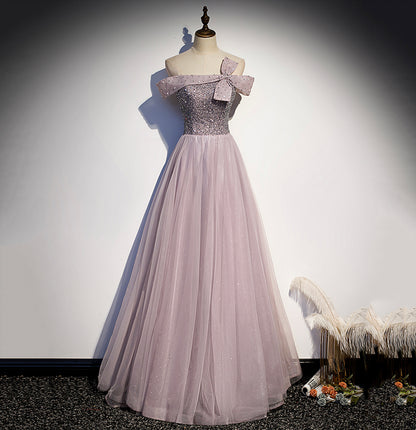 Cute tulle beads long A line prom dress evening gown  10038