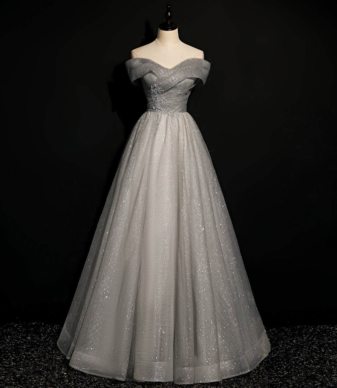 Robe de soirée longue en tulle gris à paillettes 8701