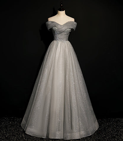 Robe de soirée longue en tulle gris à paillettes 8701