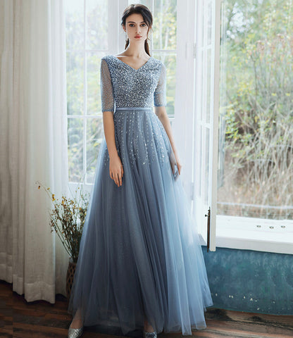 Langes Ballkleid aus blauem Tüll mit Perlen A-Linie Abendkleid 10333