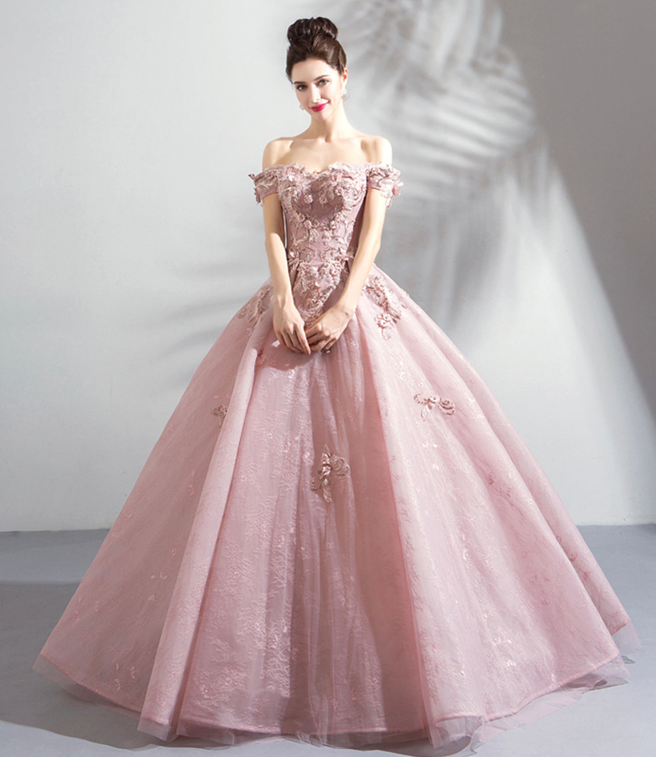 Rosa Tüll Spitze langes Ballkleid A-Linie Abendkleid 10359