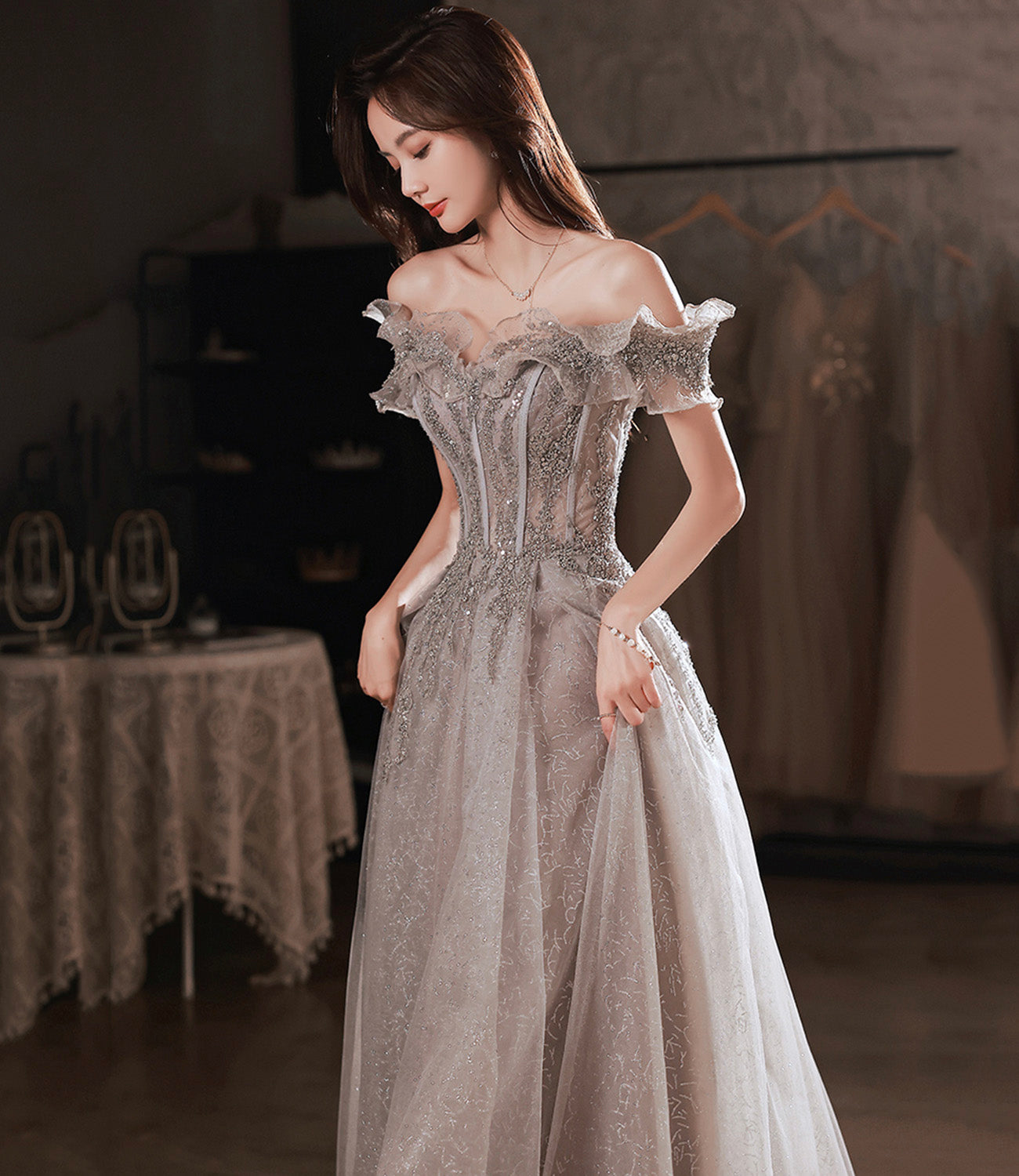 Gray tulle sequins long prom dress gray evening dress  10451