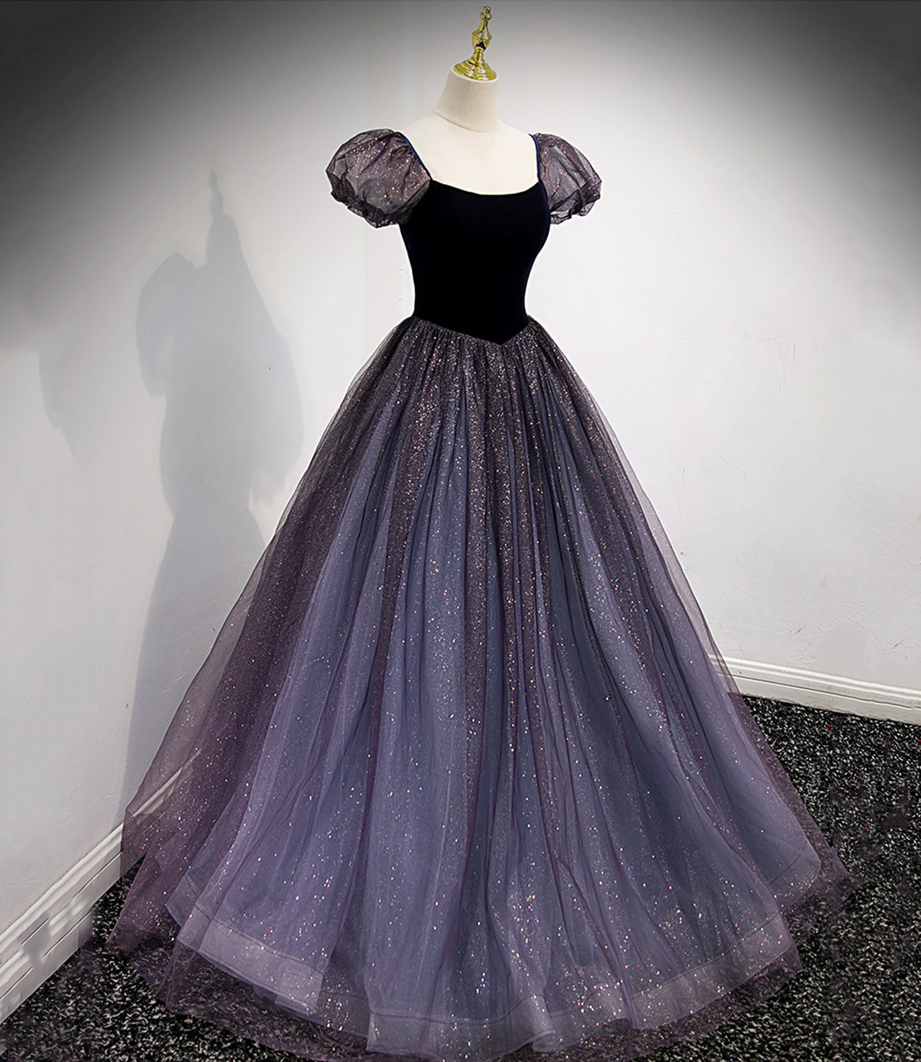 Black and purple tulle long prom dress evening dress  8879