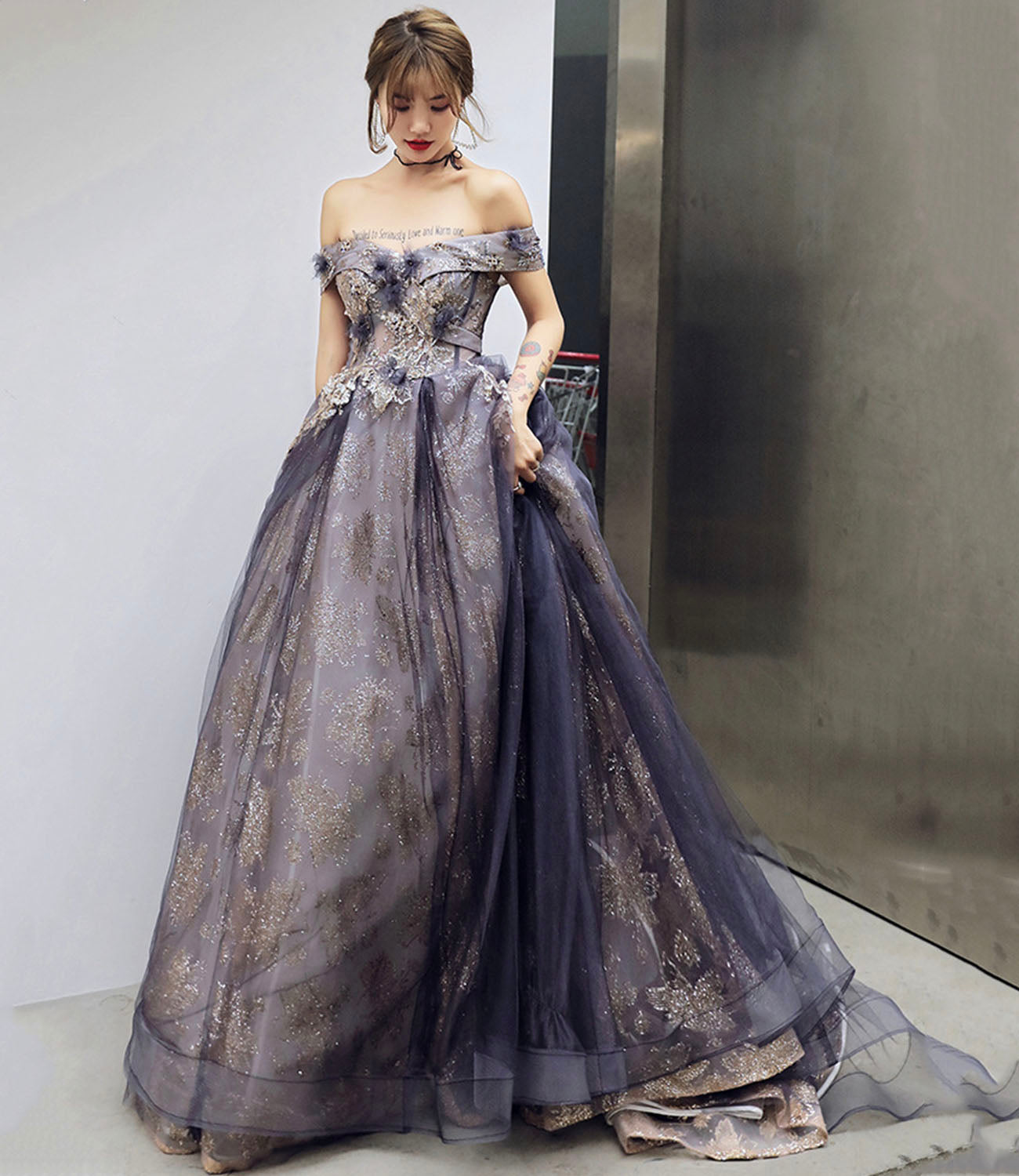 Robe de soirée longue en tulle violet à paillettes Robe de soirée trapèze 10204