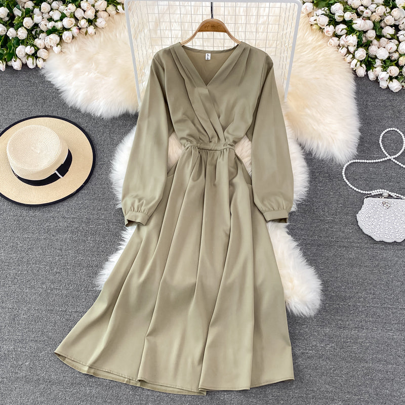 Simple V Neck Long Sleeve Dress Fashion Dress  10874