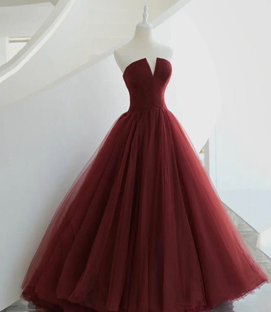 Burgund Tüll langes Ballkleid A-Linie Abendkleid 10563