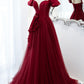 Burgund Satin Tüll langes Ballkleid Abendkleid 10598