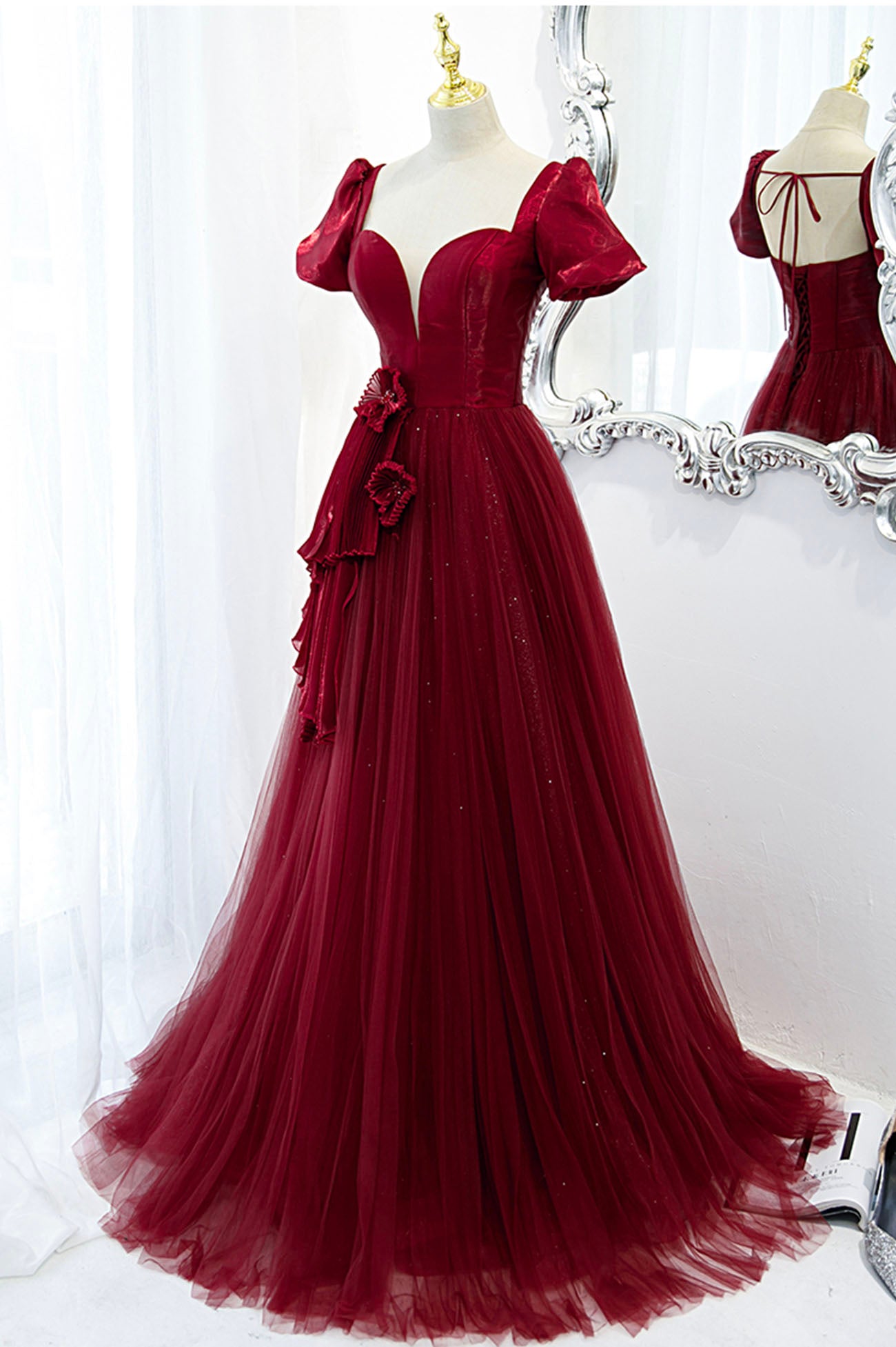 Burgund Satin Tüll langes Ballkleid Abendkleid 10598