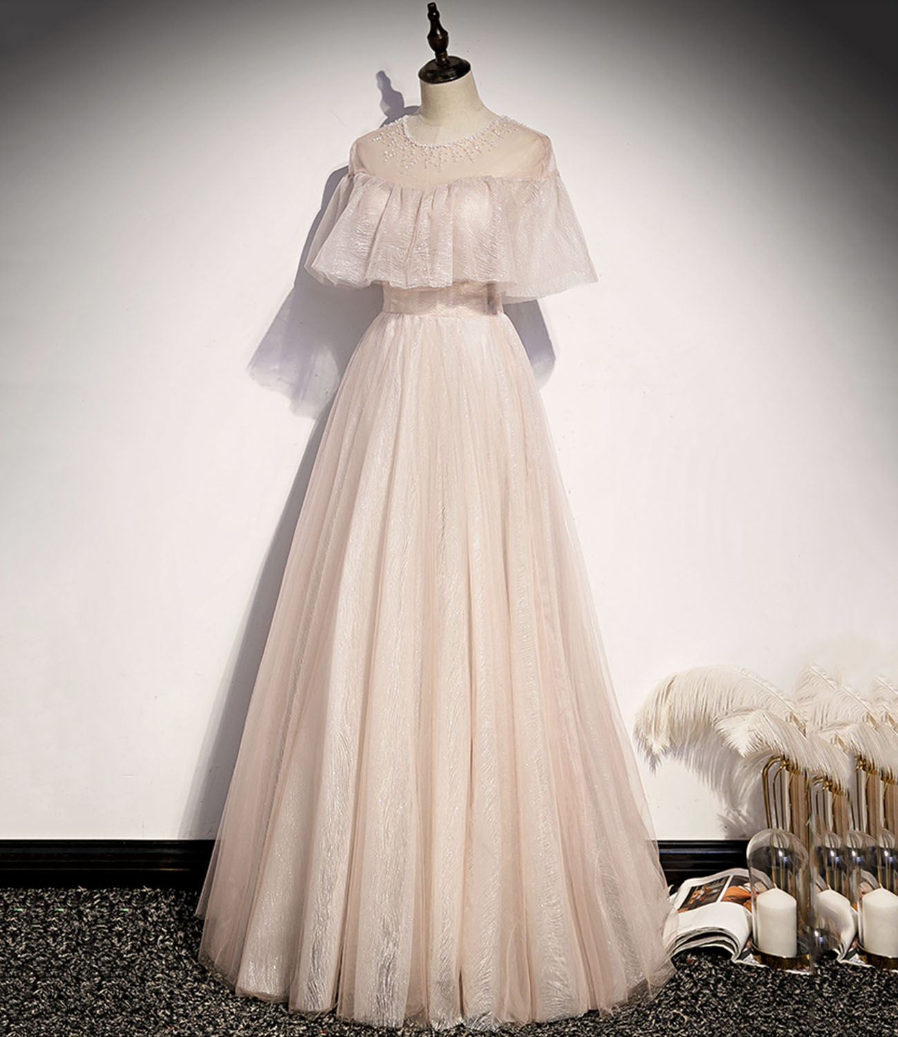 Rosa Tüll langes Ballkleid A-Linie Abendkleid 10331