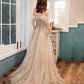 Robe de soirée longue en tulle à paillettes champagne 10390