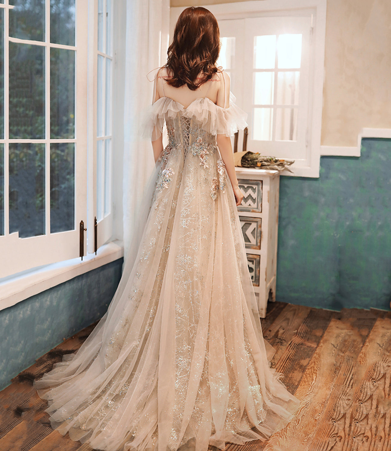 Robe de soirée longue en tulle à paillettes champagne 10390
