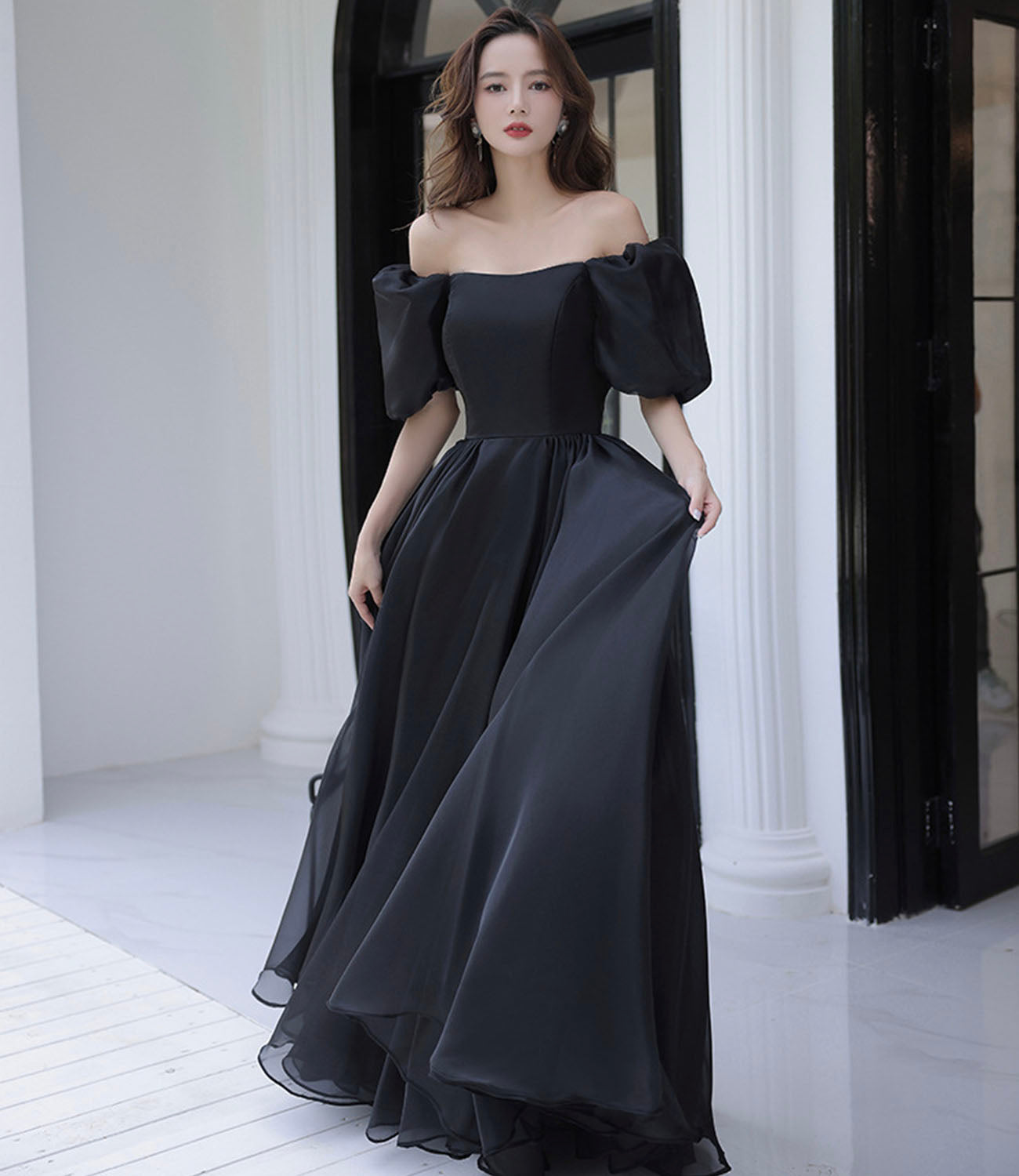 Robe de soirée longue en tulle noir Robe de soirée trapèze 10207