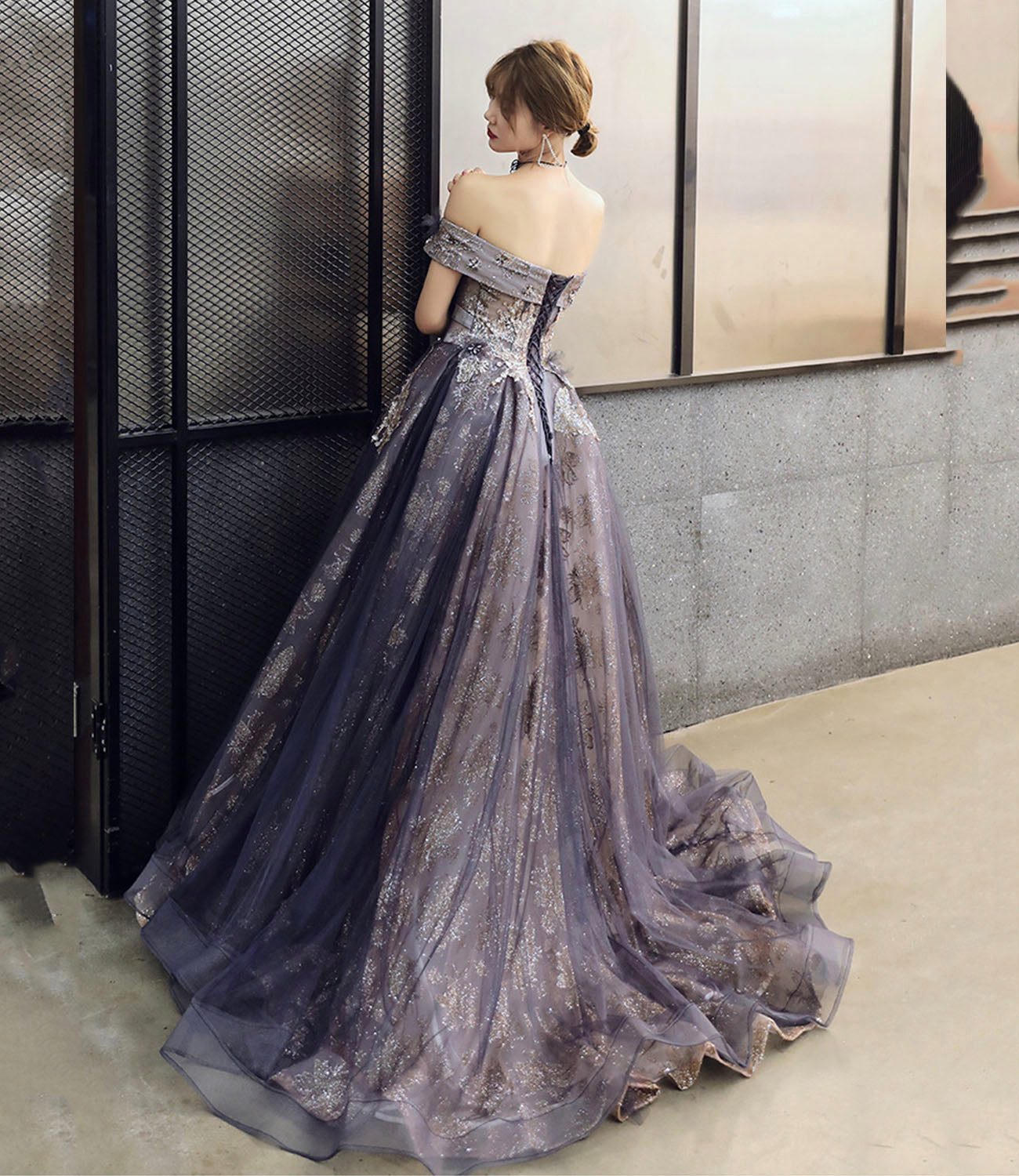 Robe de soirée longue en tulle violet à paillettes Robe de soirée trapèze 10204