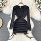 V-neck drawcord pleated sexy slim short Hip Wrap Dress  11118