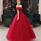 Burgundy tulle lace long prom dress A line evening gown  10323