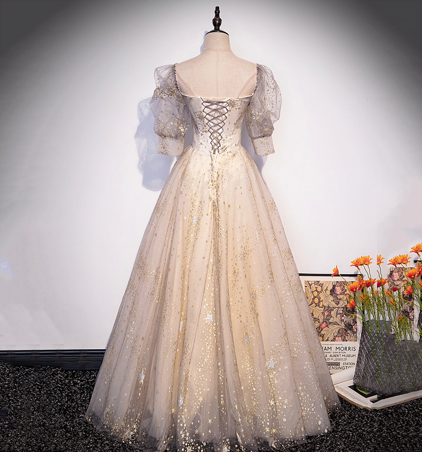Champagner Tüll Pailletten langes Ballkleid Abendkleid 10004