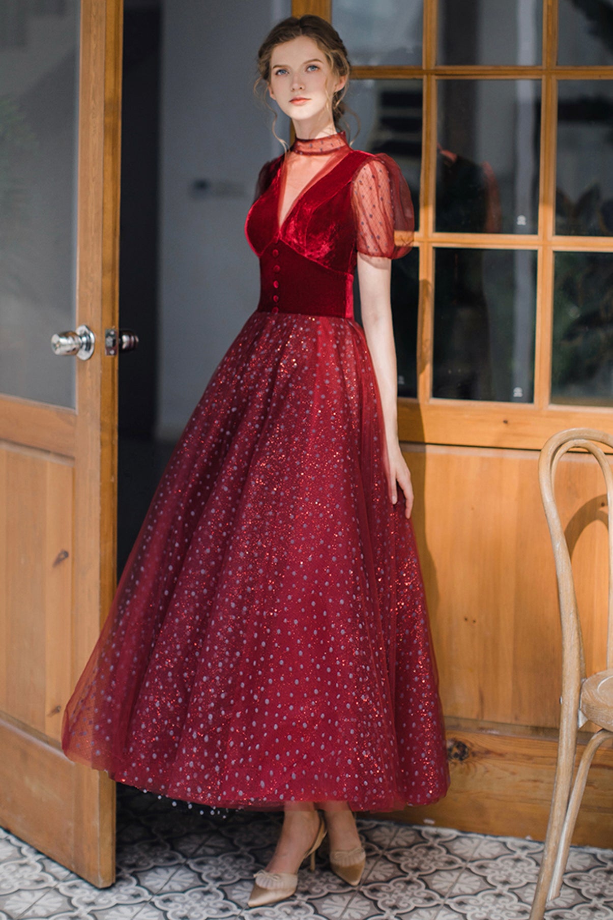 Burgund Tüll kurzes Ballkleid A-Linie Abendkleid 8647