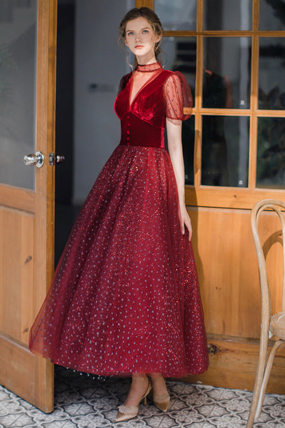 Burgund Tüll kurzes Ballkleid A-Linie Abendkleid 8647