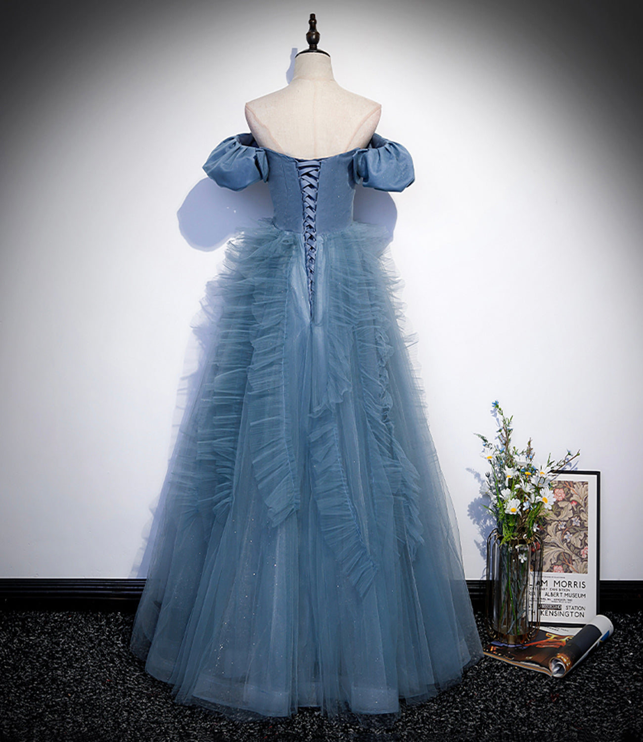 Blue satin tulle long prom dress blue evening dress  10312