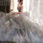 Gray tulle lace long prom dress A line evening gown  10131