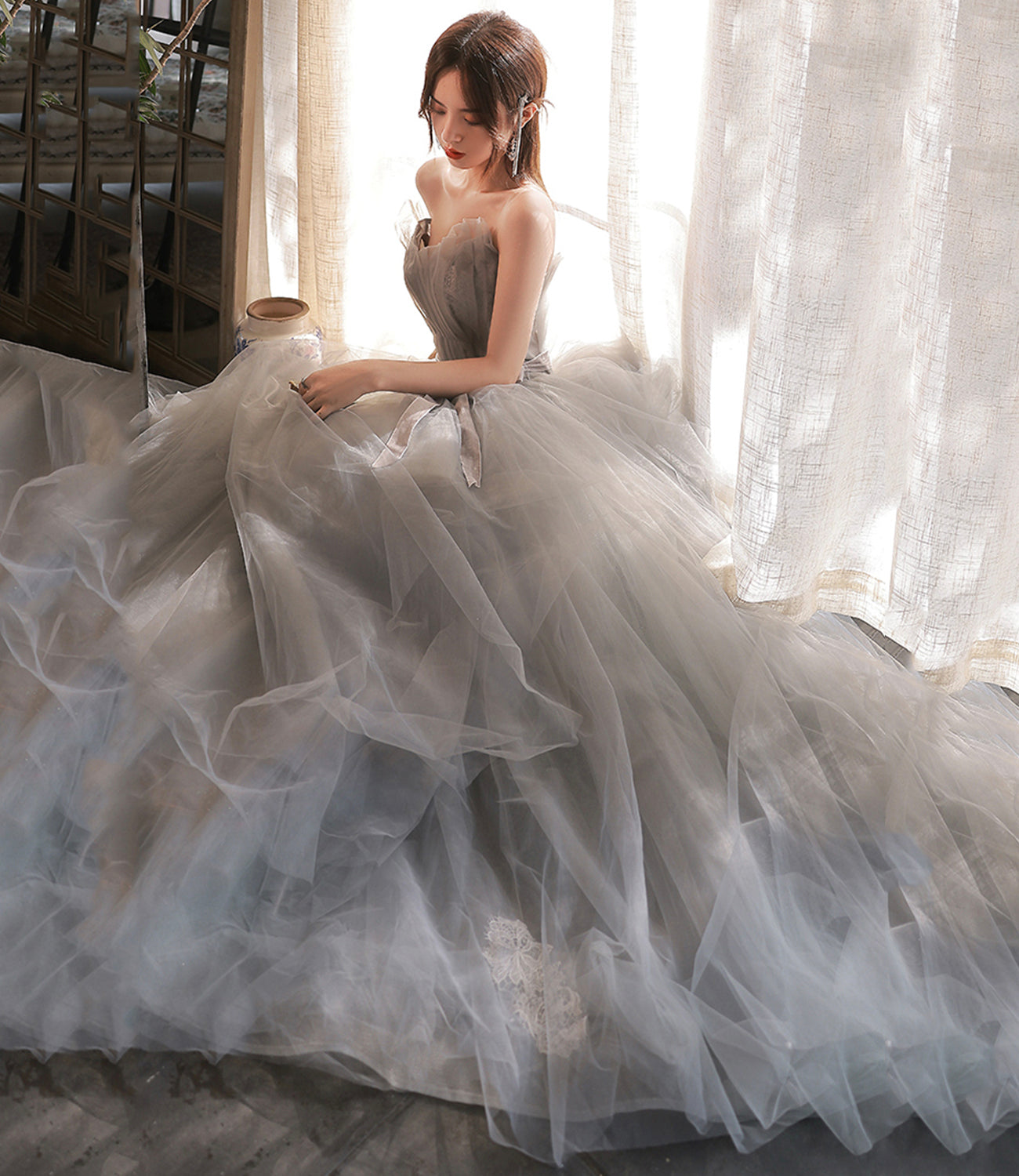 Gray tulle lace long prom dress A line evening gown  10131