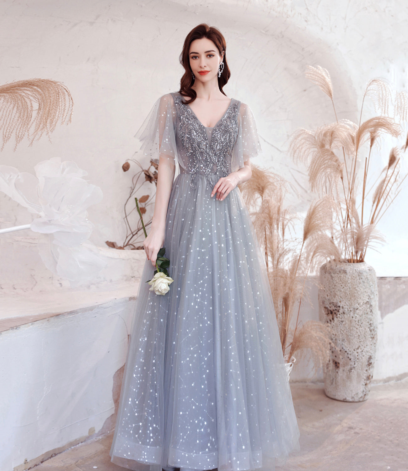 Gray tulle sequins long prom dress A line evening dress  10528