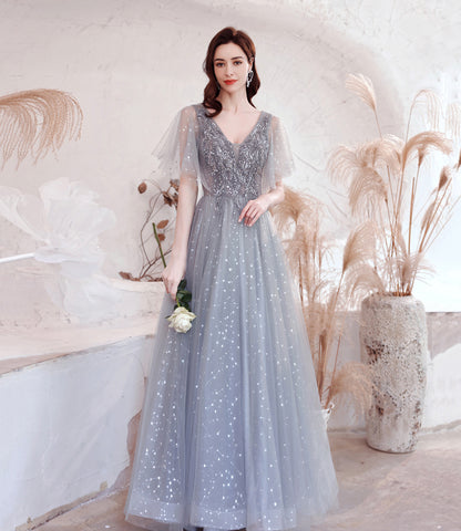 Gray tulle sequins long prom dress A line evening dress  10528