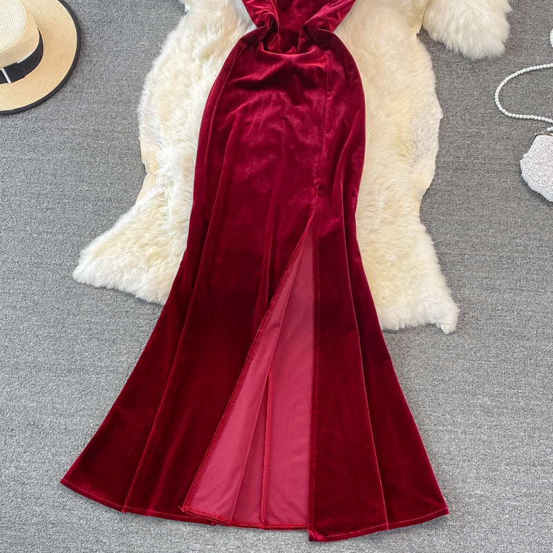 Sexy V-Ausschnitt Samt Langes Kleid Modekleid 10782 