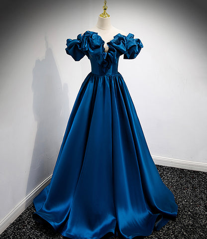 Robe de soirée longue en satin bleu avec ligne A 8877