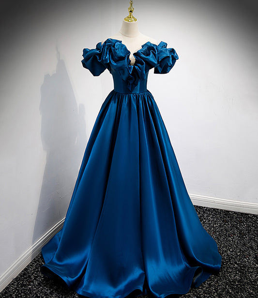 Robe de soirée longue en satin bleu avec ligne A 8877