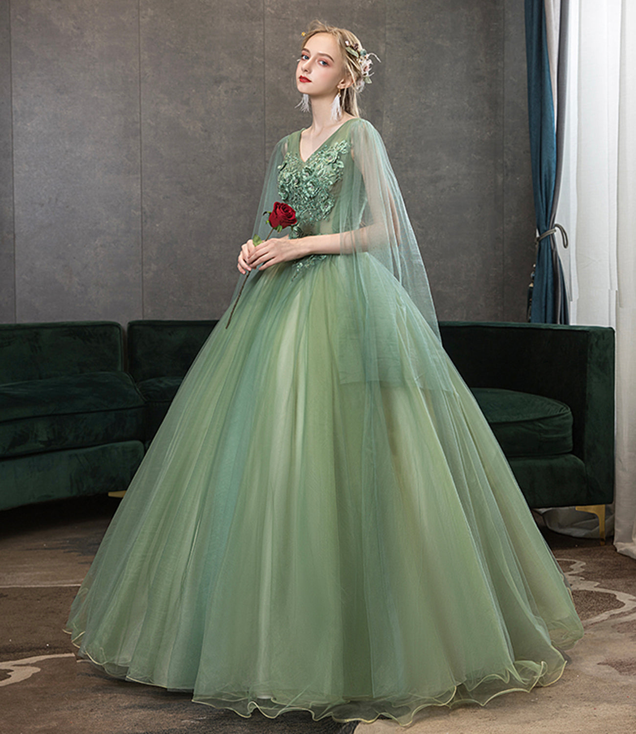 Langes Ballkleid aus grüner Tüllspitze A-Linie Abendkleid 10342