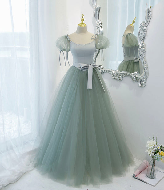 Langes Ballkleid aus grünem Satin-Tüll Abendkleid in A-Linie 10445