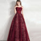 Burgundy tulle long prom dress A line evening gown  10374