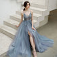 Gray tulle beads long prom dress A line evening dress  10579