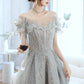 Gray tulle beads long prom dress gray evening gown  10170