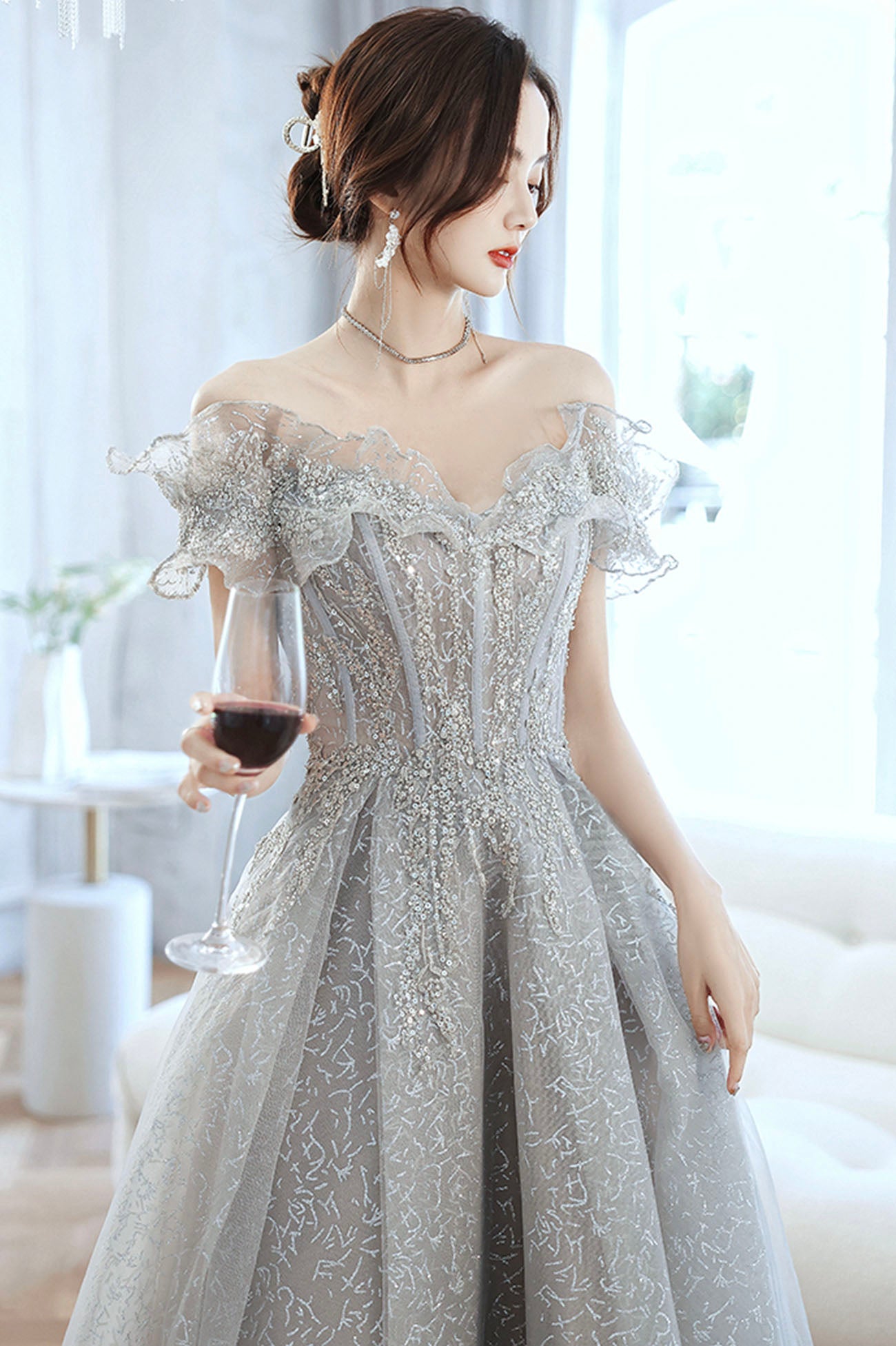 Gray tulle beads long prom dress gray evening gown  10170