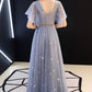 Blaues langes Ballkleid aus Tüll mit V-Ausschnitt blaues Abendkleid 10640