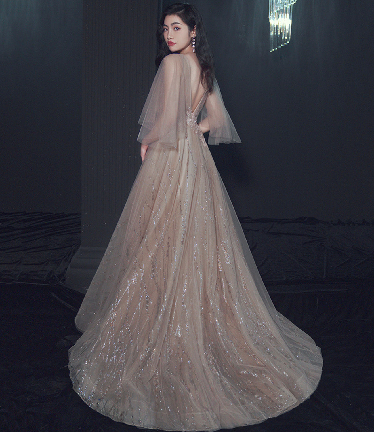 Champagner Tüll Spitze langes Ballkleid A-Linie Abendkleid 10464