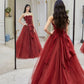 Burgundy tulle long prom dress A line evening dress  10146