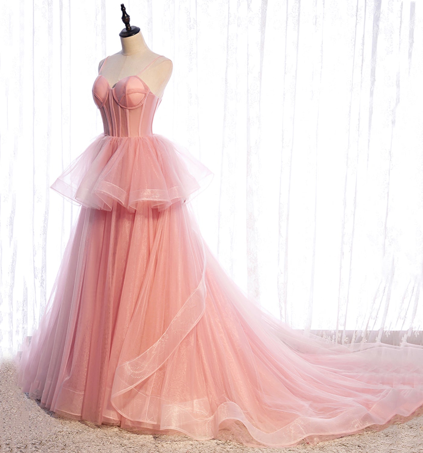 Robe de soirée longue en tulle rose Robe de soirée trapèze 10012