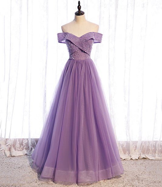 Lila Tüll Perlen lange A-Linie Ballkleid Abendkleid 8790