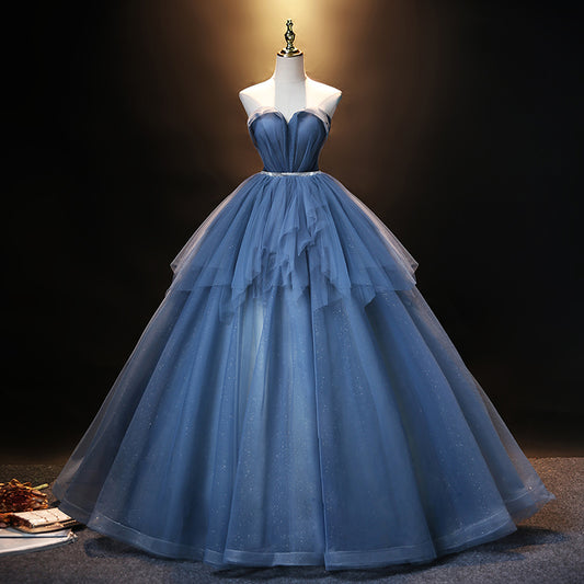 Robe de soirée longue en tulle bleu avec ligne A 8909