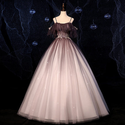 Braunes, zartes, florales Applikationen-Abendkleid in A-Linie und langem Tüll 8721